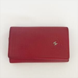 CHANEL Key Case Butterfly Camellia Red Silver Leather Holder